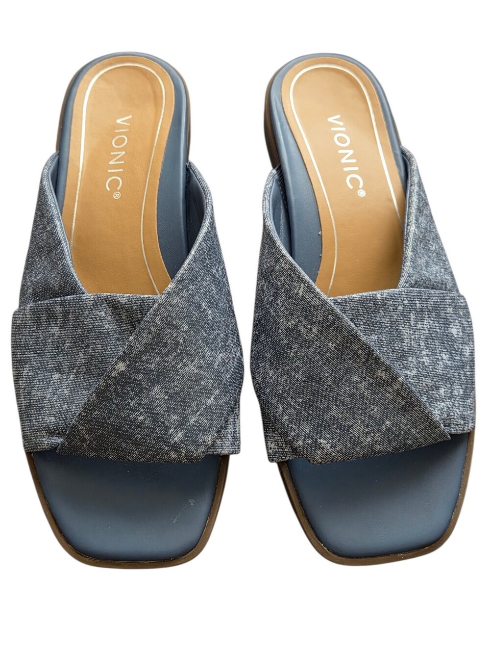 Vionic Miramar Blue Denim Look Crossband Slide Mules Orthotic Sz 7